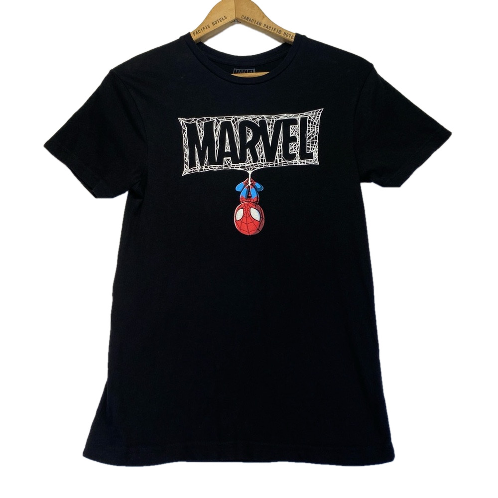 MARVEL SPIDERMAN TEE TURTLE SHIRT WOMENS BLACK SHORT SLEEVE CREW SUPERHERO SMALL